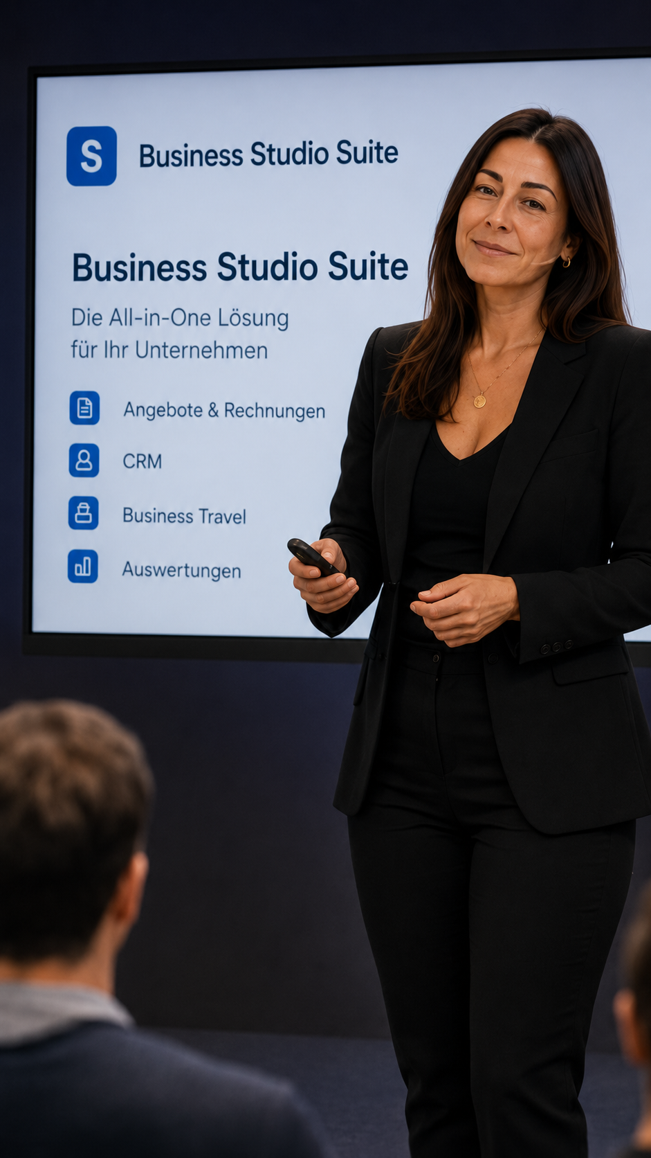 Petra Osterode präsentiert die Business Studio Suite vor der Plattformansicht.